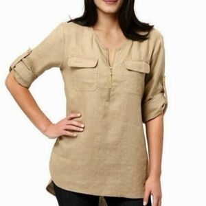 Ellen Tracy 100% Linen Beige Roll-Up Sleeve Tunic